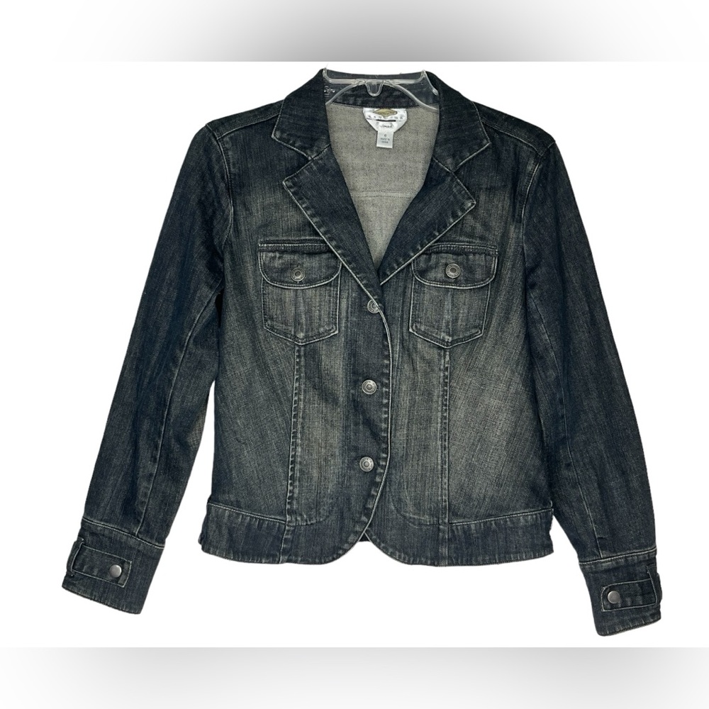 Talbots Petites Black Dark Wash Denim Jacket Pockets Rustic Women's 6